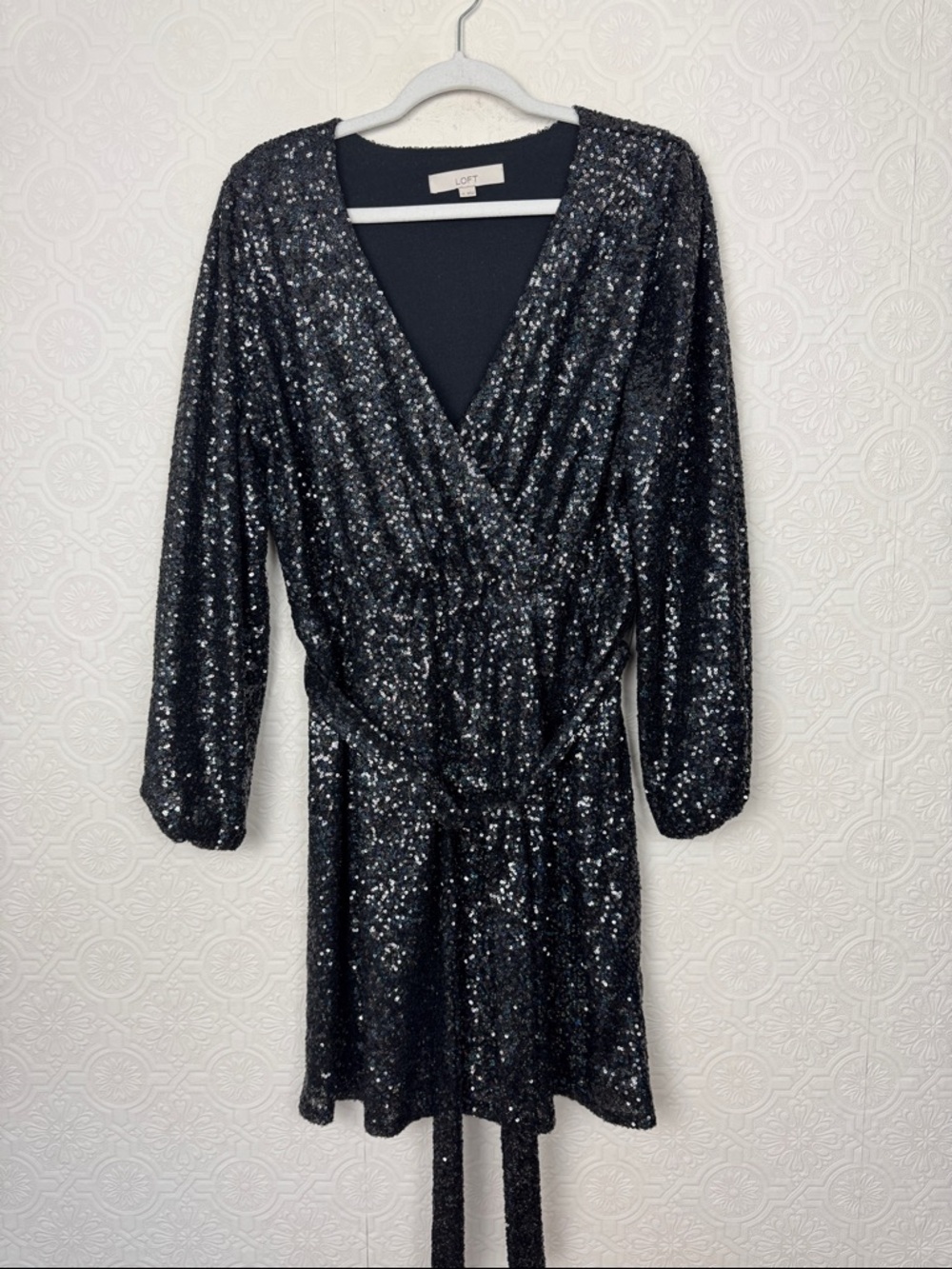 LOFT Black Sequin Wrap Dress Size 12 Long Sleeve Party Holiday Mini